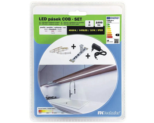 LED pásik COB sada v balení s napájacím zdrojom, dĺžka 2 metre, svietivosť 1600 lúmenov a trieda energetickej účinnosti F