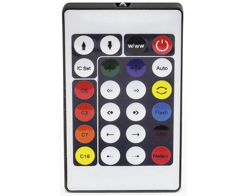 Diaľkové ovládanie pre LED osvetlenie s rôznymi tlačidlami pre jas, farbu a režim