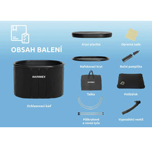 Obsah balenia ochladzovacej kade s krycou plachtou, nafukovací kryt, taška, opravná sada, ručná pumpička, vankúšik, vypúšťací ventil, polkruhové a rovné tyče