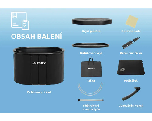 Obsah balenia ochladzovacej kade s krycou plachtou, nafukovací kryt, taška, opravná sada, ručná pumpička, vankúšik, vypúšťací ventil, polkruhové a rovné tyče