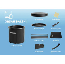 Obsah balenia ochladzovacej kade s krycou plachtou, nafukovací kryt, opravná sada, ručná pumpička, podperné nohy, vankúšik, sťahovací vak a vypúšťací ventil