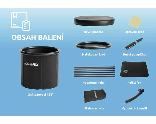 Obsah balenia ochladzovacej kade s krycou plachtou, nafukovací kryt, opravná sada, ručná pumpička, podperné nohy, vankúšik, sťahovací vak a vypúšťací ventil