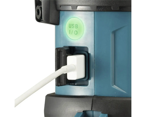 Detailný pohľad na akumulátorové pracovné svetlo s USB portom a nabíjacím káblom