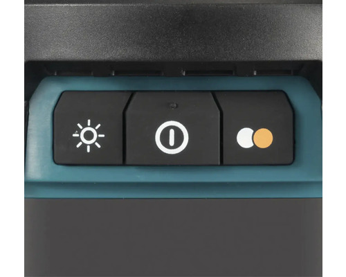 Detail ovládacích prvkov pracovnej lampy so symbolmi pre intenzitu svetla, zapnutie/vypnutie a teplotu farieb