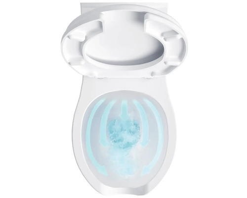 Biela toaleta s otvoreným záchodovým vekom a splachovaním