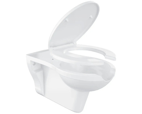 Závesné WC s hlbokým splachovaním, otvoreným splachovacím kruhom a WC sedadlom