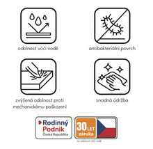 Symboly pre vodoodolnosť, antibakteriálny povrch, zvýšenú odolnosť proti mechanickému poškodeniu, jednoduchú údržbu, logo rodinnej firmy, logo 30-ročnej záruky
