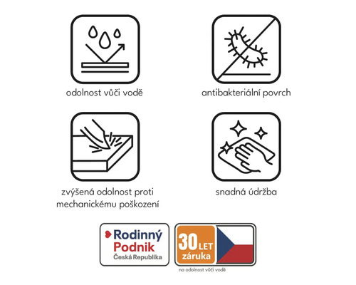 Symboly pre vodoodolnosť, antibakteriálny povrch, zvýšenú odolnosť proti mechanickému poškodeniu, jednoduchú údržbu, logo rodinnej firmy, logo 30-ročnej záruky