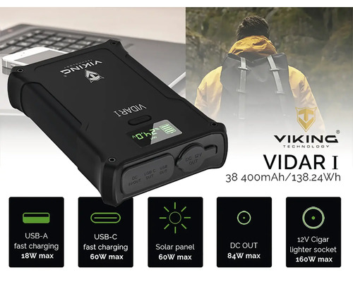 Powerbanka Viking Technology Vidar I s USB-A, USB-C, solárnym panelom, DC výstupom a 12-voltovou zásuvkou zapaľovača cigariet