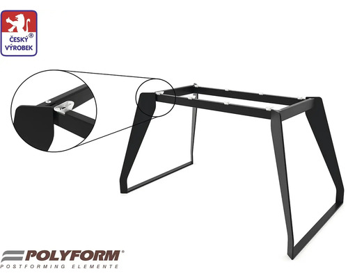 Čierny kovový rám stola s detailným pohľadom na upevnenie nôh a pečaťou český výrobok