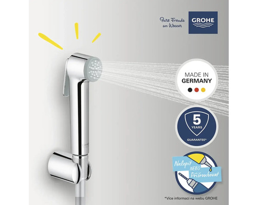 Grohe bidetová sprcha so striekajúcou vodou, pečať Made in Germany, pečať päťročnej záruky, pečať nalepiť alebo priskrutkovať, logo Grohe