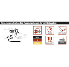 Jednoduchá montáž pomocou zacvakávacieho systému, Vyrobené v Nemecku, 10-ročná záruka, Soft Close, Logo Hettich