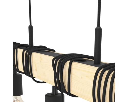 Závesná lampa s dreveným trámom a textilným káblom