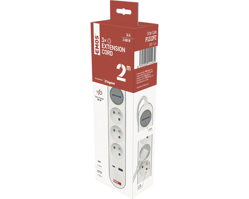 Balenie predlžovacieho kábla EMOS s tromi zásuvkami, portami USB-A a USB-C a dĺžkou kábla dva metre