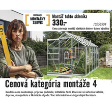 Obrázok skleníka s informáciami o montážnom servise.