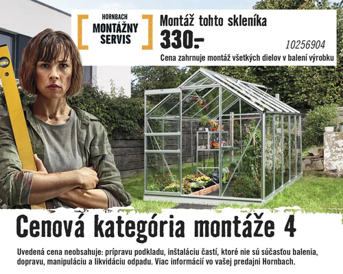Obrázok skleníka s informáciami o montážnom servise.