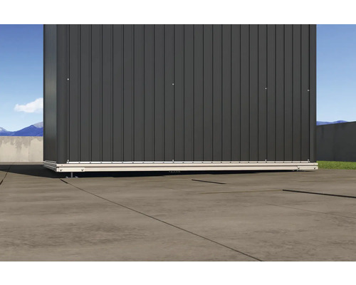 Kovový záhradný domček s vertikálnymi panelmi a základovým rámom