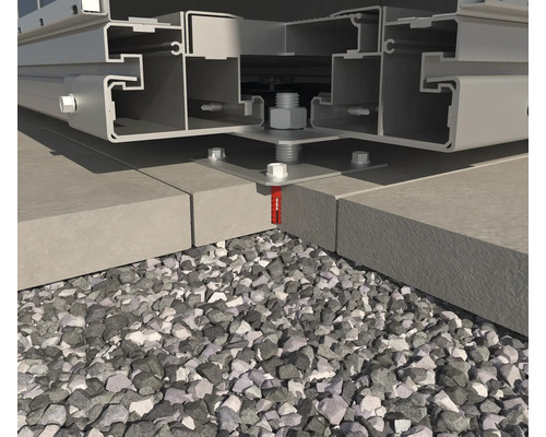 Detail spodnej konštrukcie so skrutkami a hmoždinkami na kamenných dlaždiciach a štrkovom lôžku