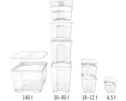 Niekoľko priehľadných úložných boxov rôznych veľkostí