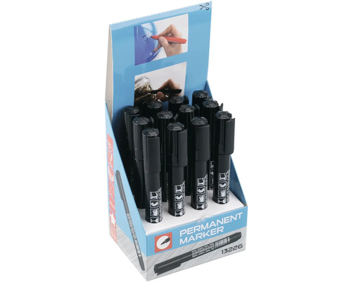 Čierne permanentné fixky v predajnom stojane.