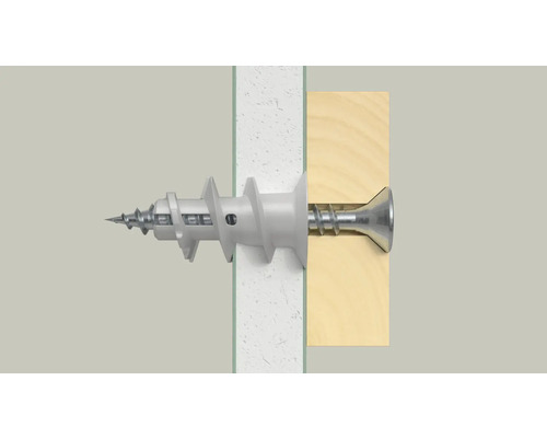 Plastová hmoždinka so skrutkou v stene a dreve