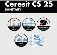 Ceresit CS 25 Sanitárny tmel Vlastnosti: vhodný pre balkóny a terasy, vlhké prostredie, vysoká ochrana proti plesniam, interiér a exteriér, trojitá ochrana