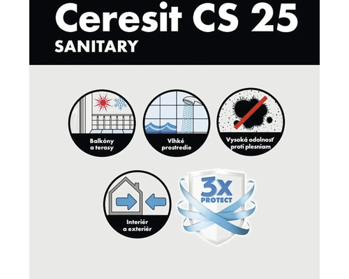 Ceresit CS 25 Sanitárny tmel Vlastnosti: vhodný pre balkóny a terasy, vlhké prostredie, vysoká ochrana proti plesniam, interiér a exteriér, trojitá ochrana