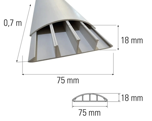 Káblový kanál s rozmermi 0,7 metra dĺžky, 75 milimetrov šírky a 18 milimetrov výšky.