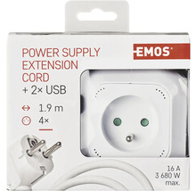 Balenie predlžovacieho kábla s dvoma USB portami a 1,9 metrovým káblom od spoločnosti Emos