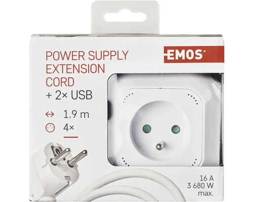 Balenie predlžovacieho kábla s dvoma USB portami a 1,9 metrovým káblom od spoločnosti Emos