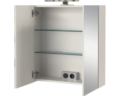 Otvorená zrkadlová skrinka so sklenenými policami a zásuvkou