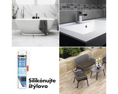 Kúpeľňa s vaňou a umývadlom, záhradný nábytok, kartuša Ceresit Flexsilicone CS 25