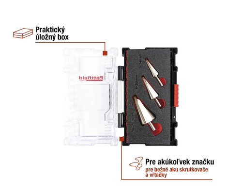 Sada stupňovitých vrtákov v úložnom boxe