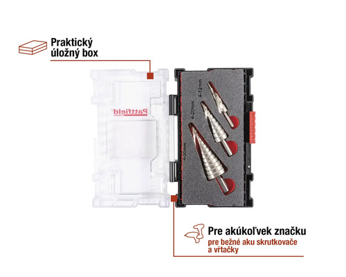 Sada stupňovitých vrtákov s úložným boxom