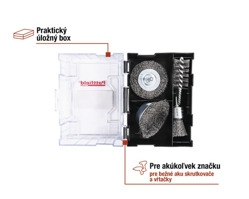 Sada drôtených kief v úložnom boxe pre vŕtačky a skrutkovače