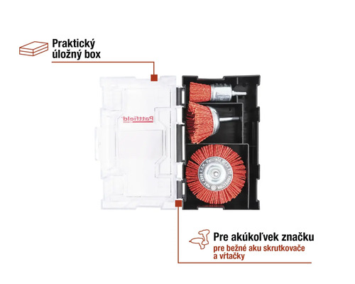 Sada drôtených kief v úložnom boxe pre vŕtačku a akumulátorový skrutkovač
