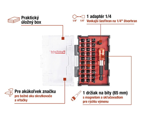 Sada bitov s úložným boxom, adaptérom a držiakom bitov