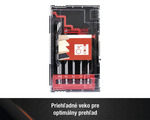 Sada vrtákov do dreva Pattfield s rôznymi veľkosťami vrtákov v priehľadnej krabičke