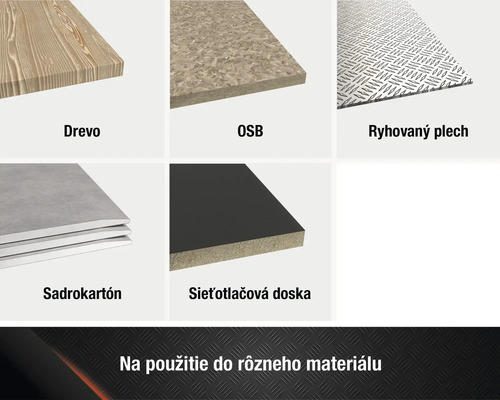 Produktová fotografia rôznych materiálov: drevo, OSB dosky, ryhovaný plech, sadrokartón a sieťotlačová doska