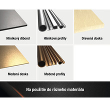 Produktový prehľad rôznych materiálov: hliníkový dibond, hliníkové profily, drevená doska, medená doska a medené profily.