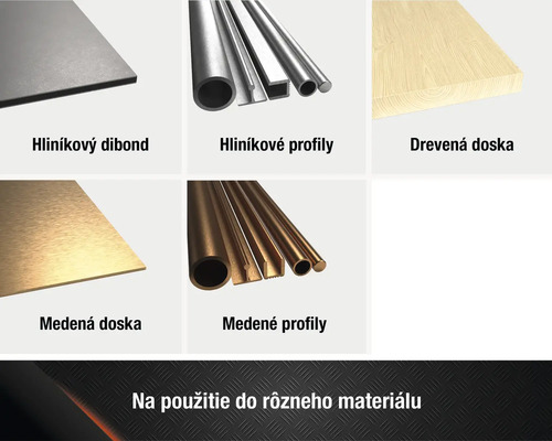 Produktový prehľad rôznych materiálov: hliníkový dibond, hliníkové profily, drevená doska, medená doska a medené profily.