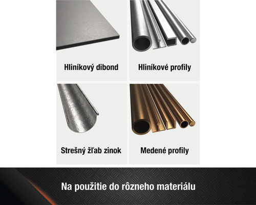 Prehľad produktov z rôznych materiálov: hliníkový dibond, hliníkové profily, zinkový odkvap a medené profily.
