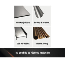Prehľad produktov z rôznych materiálov: hliníková kompozitná doska, zinkový strešný žľab, oceľový nosník, medené profily