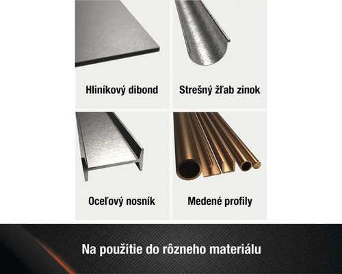 Prehľad produktov z rôznych materiálov: hliníková kompozitná doska, zinkový strešný žľab, oceľový nosník, medené profily