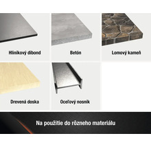 Produktový prehľad rôznych materiálov: hliníková doska, betón, lomový kameň, drevená doska, oceľový nosník