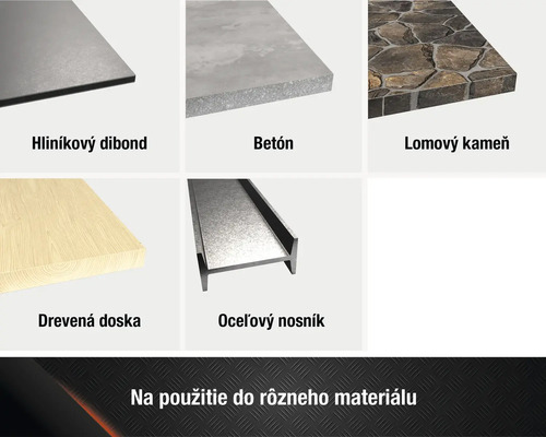 Produktový prehľad rôznych materiálov: hliníková doska, betón, lomový kameň, drevená doska, oceľový nosník