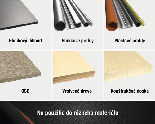 Prehľad produktov: hliníkové kompozitné dosky, hliníkové profily, plastové profily, OSB dosky, vrstvené drevo a konštrukčné dosky.