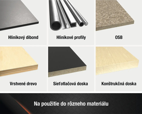Prehľad rôznych materiálov ako hliníkové kompozitné dosky, hliníkové profily, OSB dosky, preglejka, sieťotlačové dosky a konštrukčné dosky.
