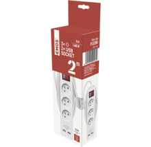 Predlžovací kábel Emos s tromi zásuvkami a dvoma USB portami, 2 metre kábla, v obale produktu