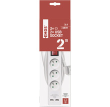 Predlžovací kábel Emos s tromi zásuvkami a dvoma USB portami, dĺžka kábla 2 metre
